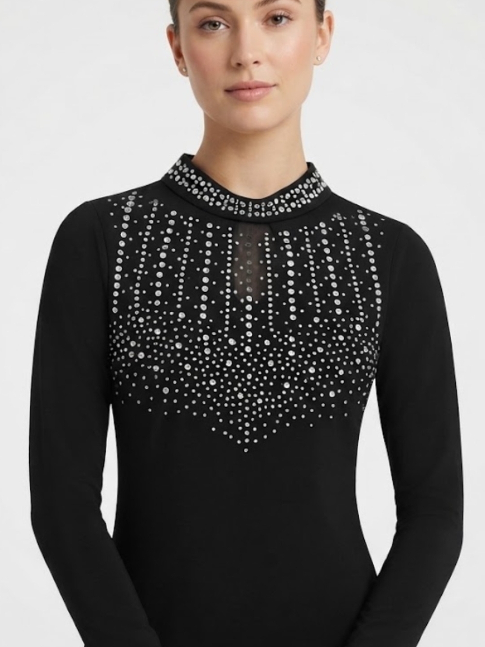CBR Black Rhinestone Mock Neck Long Sleeve Top Elegance